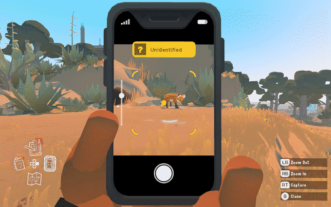 Скріншот з гри: Альба віднайшла невідому для неї тварину (лисицю) і намагається ідентифікувати її за допомогою телефону.