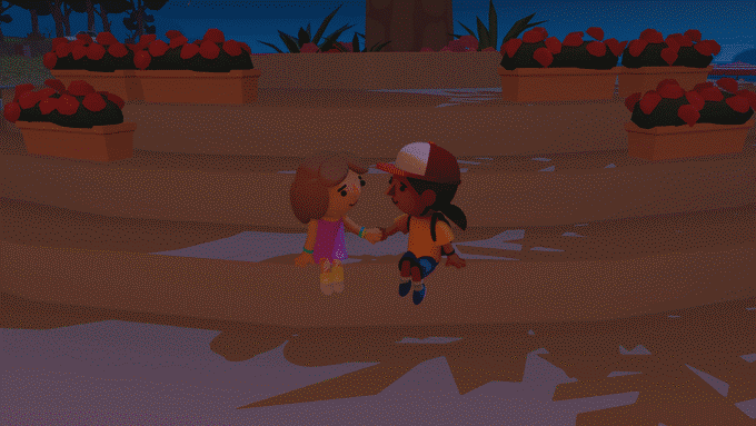 Скріншот з гри: Альба та Інес розмовляють в ніч фестивалю.